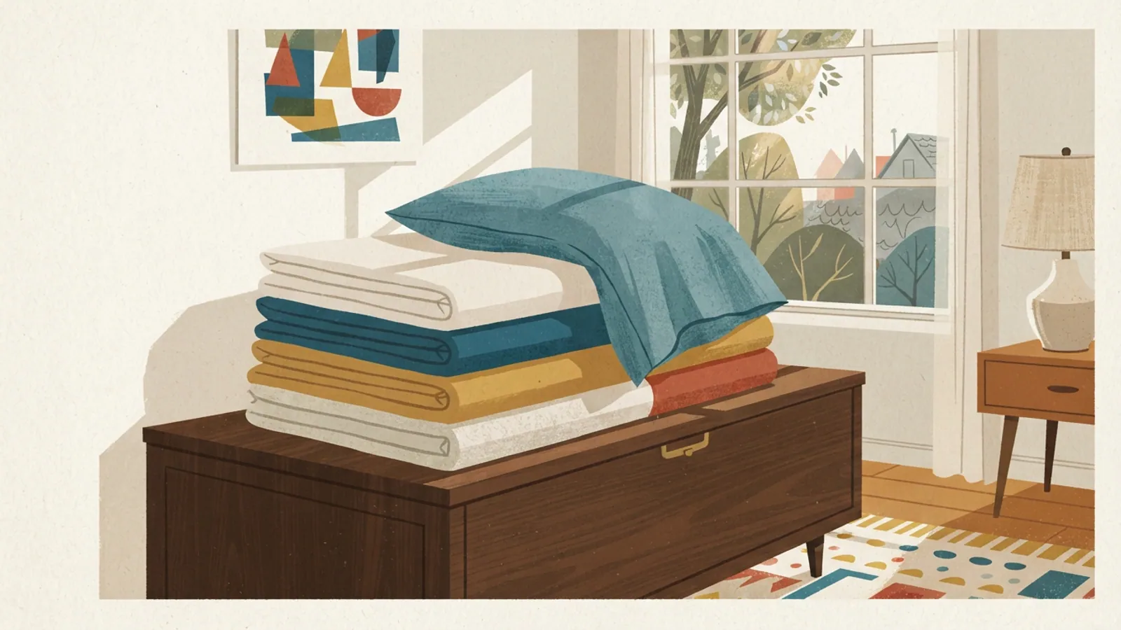 A stack of folded bed linens and a pillowcase on a dark wooden chest.