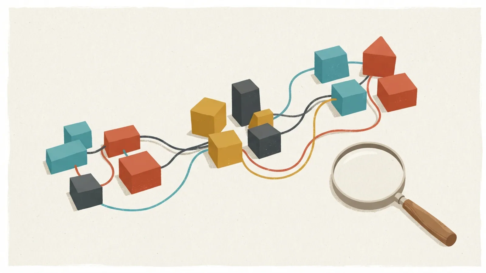 An overhead view of a simplified economic model made with colorful blocks and string, with a magnifying glass.