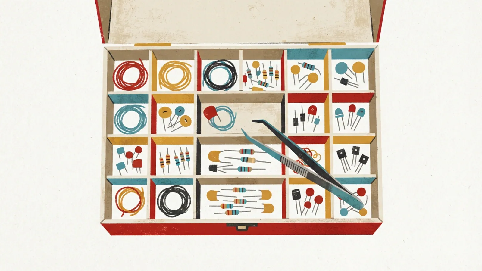 A close-up of an open compartmentalized storage box holding electronic components and tweezers.