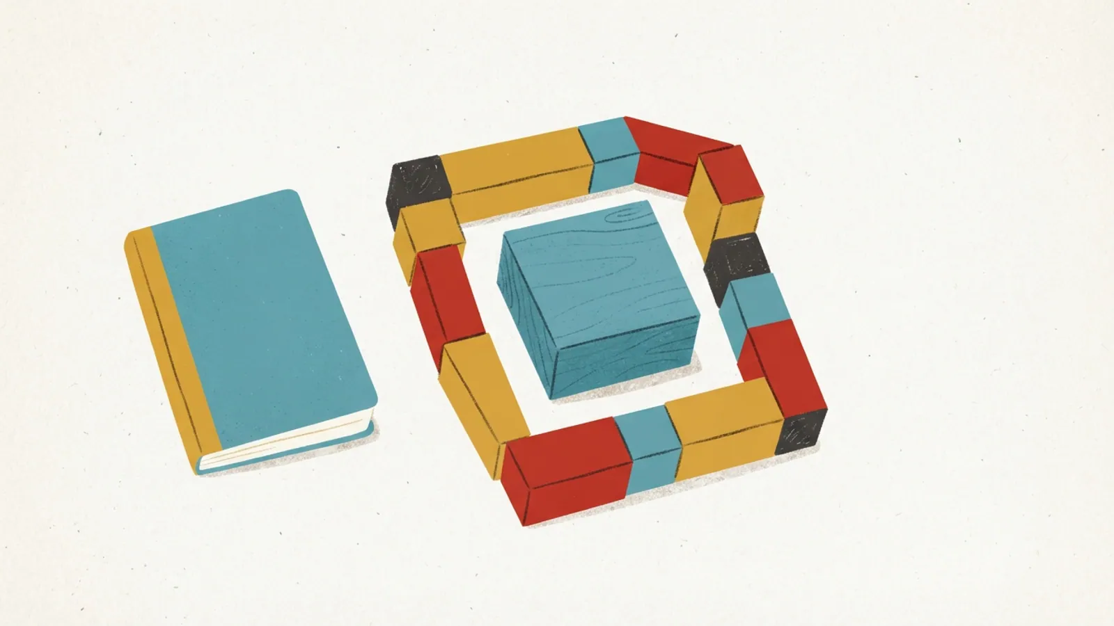 An overhead view of a wooden block protected by interlocking smaller blocks and a closed notebook.