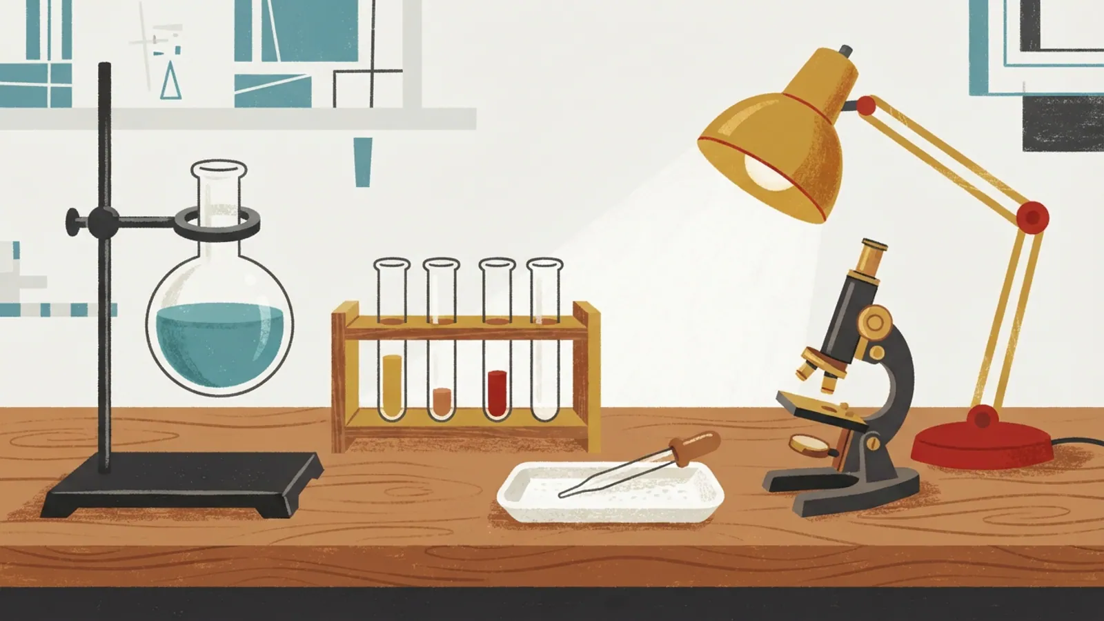 A laboratory bench with a glass flask, a rack of test tubes, a pipette and a microscope.