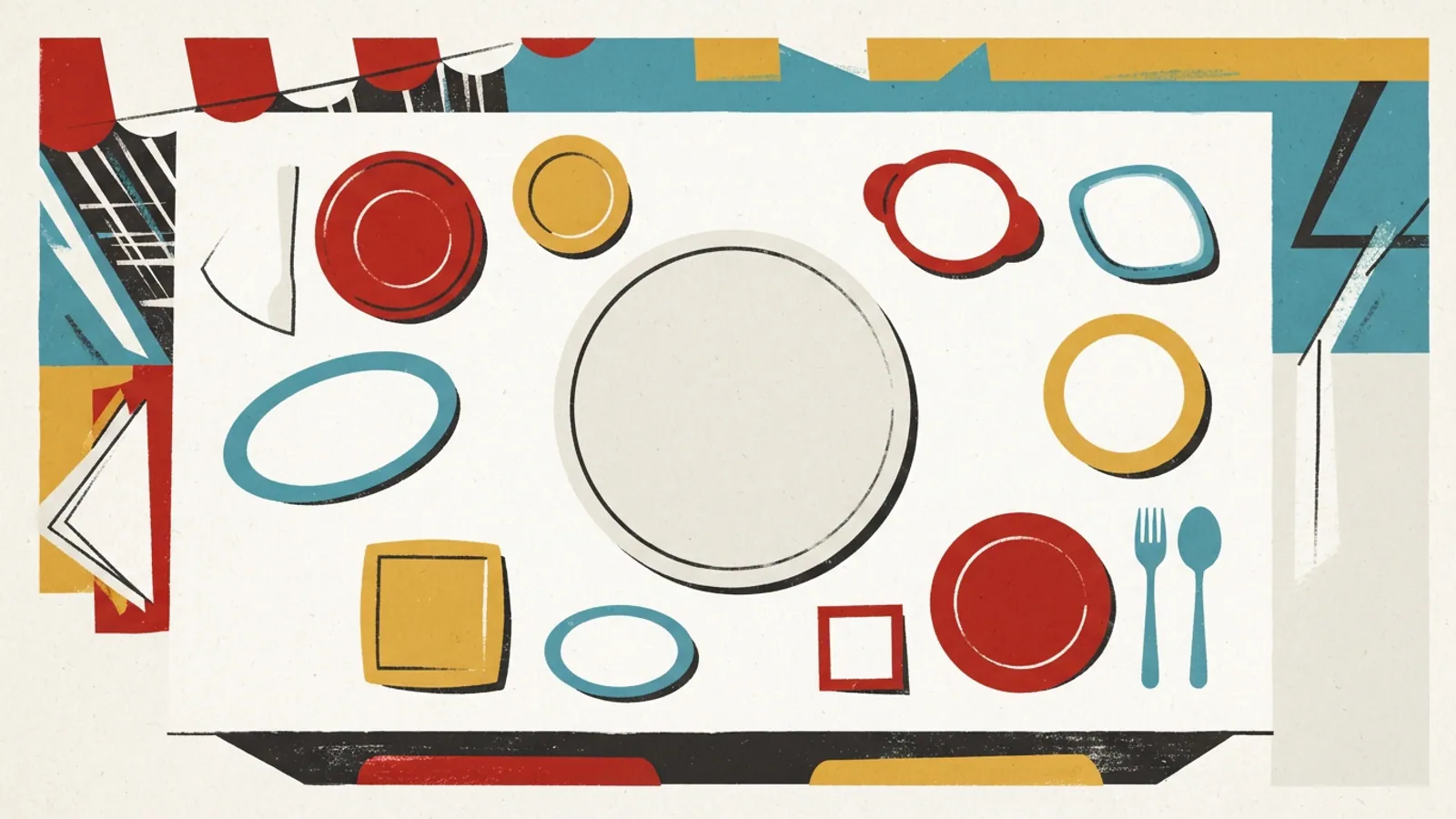 An overhead view of an empty food stall with a serving tray and small bowls.