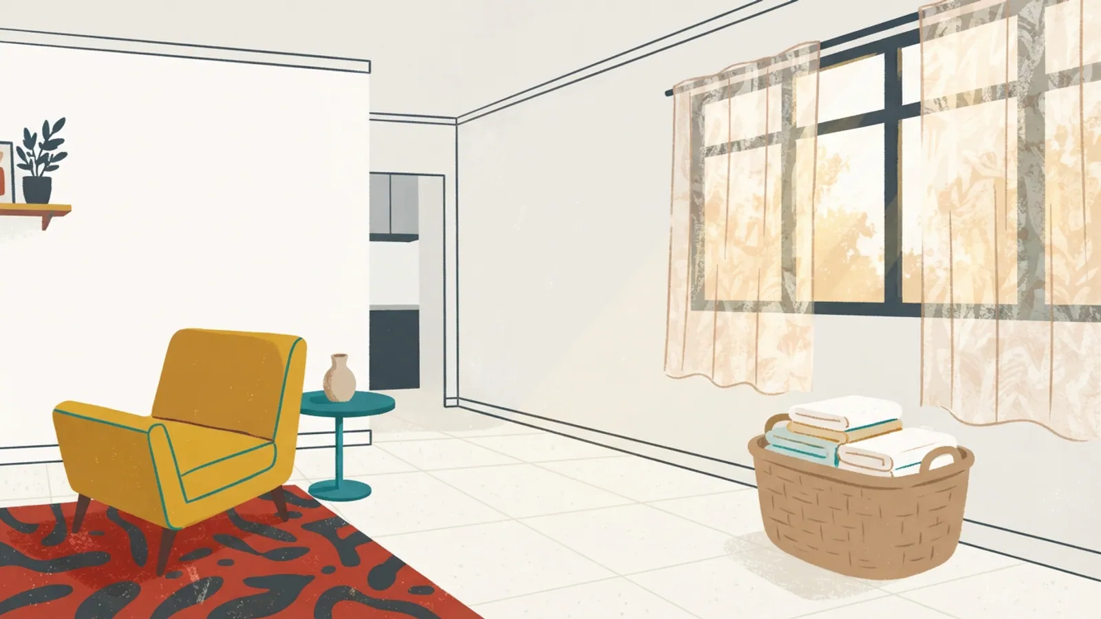 An empty living room with a laundry basket full of towels by a window.