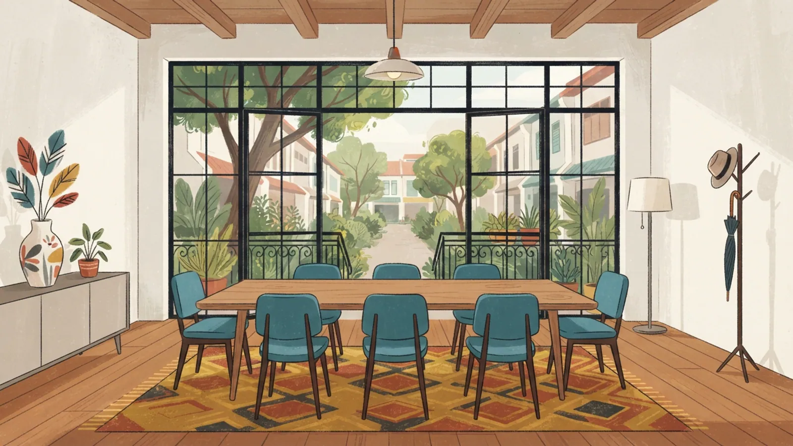 An empty, new office with a long wooden table and large windows overlooking an alleyway.