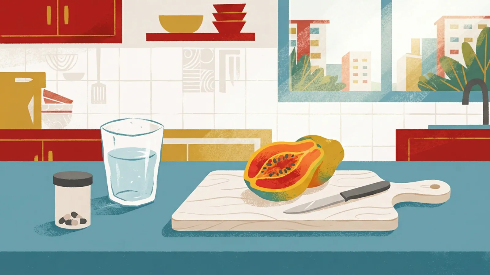 A glass of water and unlabelled supplement container on a kitchen counter with sliced tropical fruit.