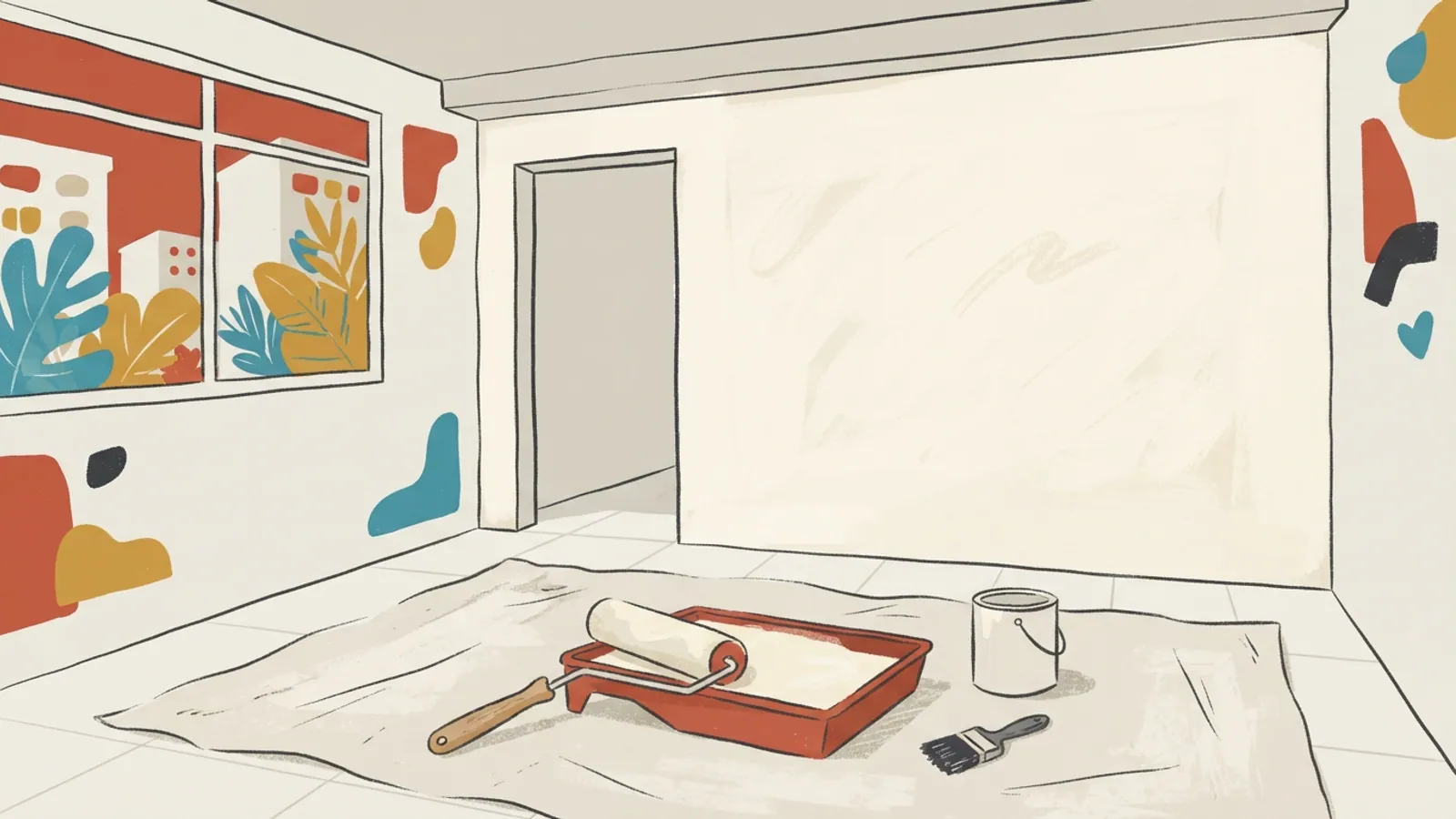 An empty HDB living room with a paint roller in a tray and a freshly painted wall.