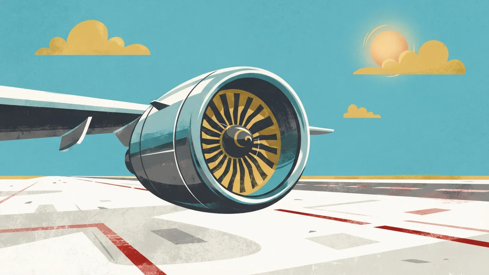 A close-up, low-angle view of a jet engine on an empty tarmac under a sunny sky.