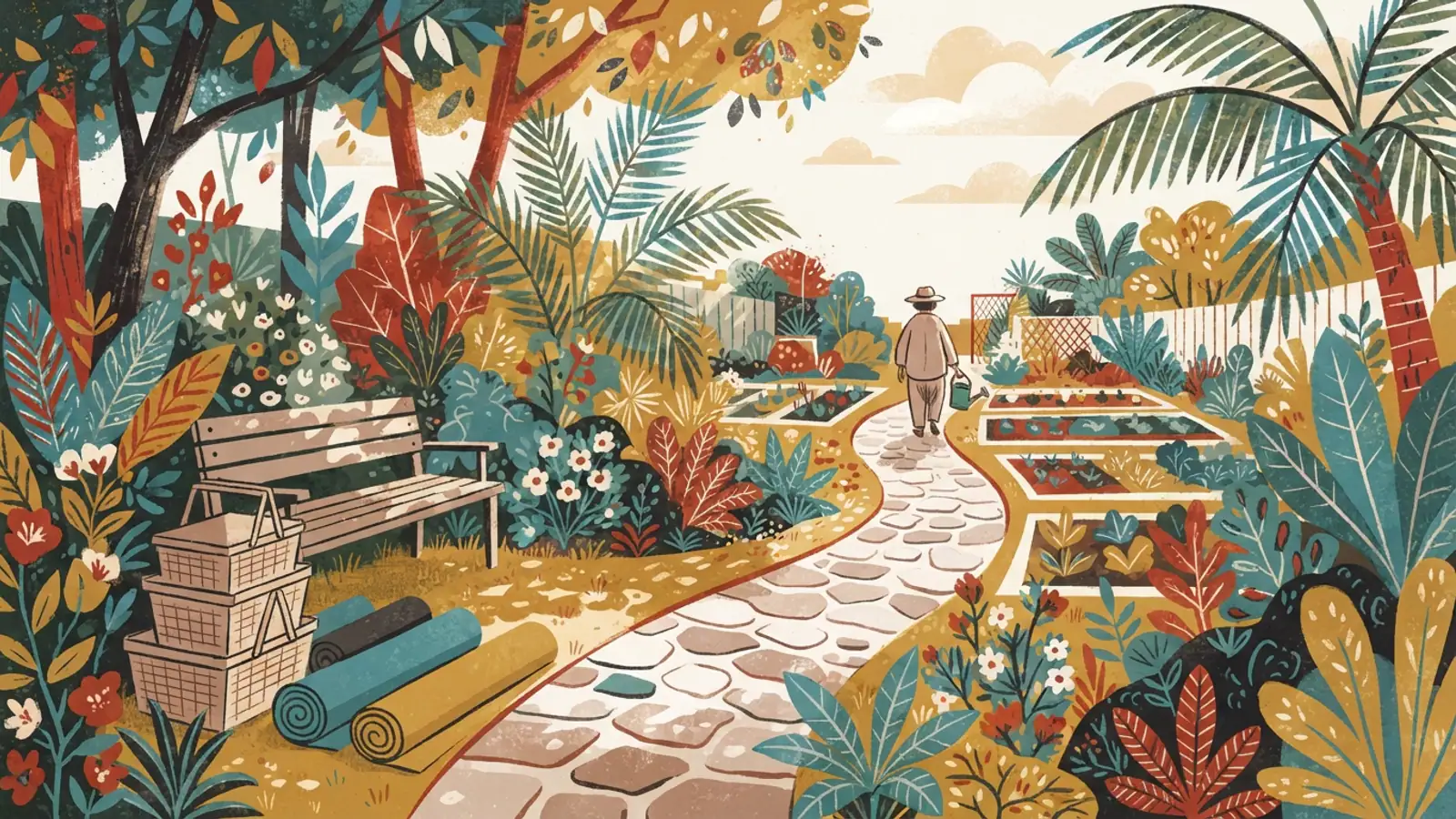 A winding garden path with picnic baskets and mats under dappled sunlight in a tropical garden.