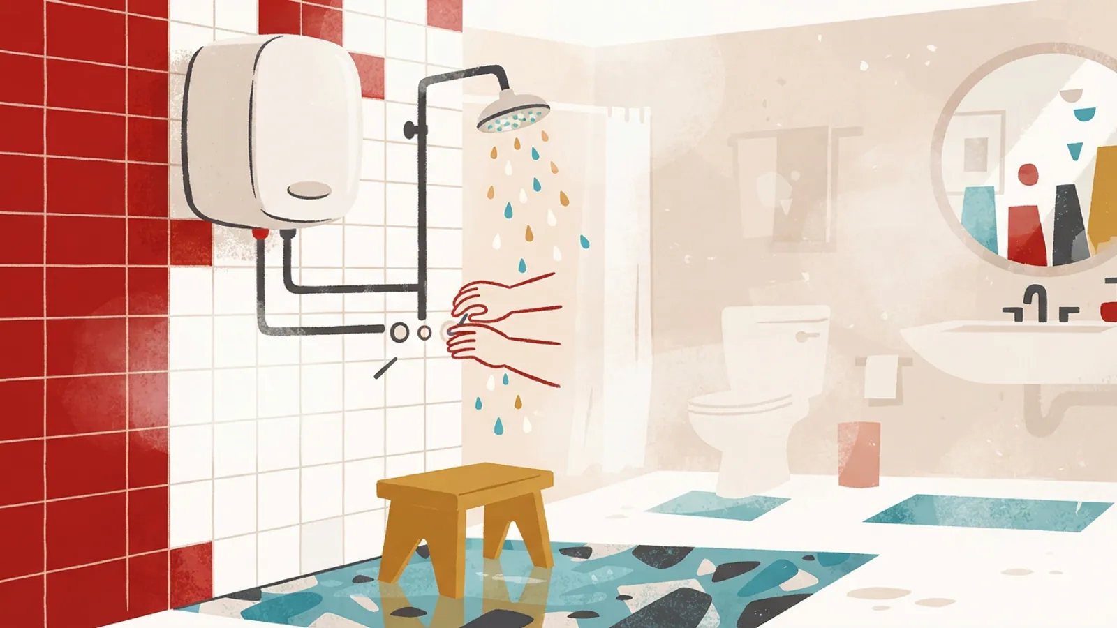 A minimalist bathroom with a showerhead and a wall-mounted water heater above a small stool.