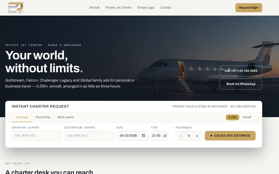 Prime Jet Services website homepage, 4 Oct 2026